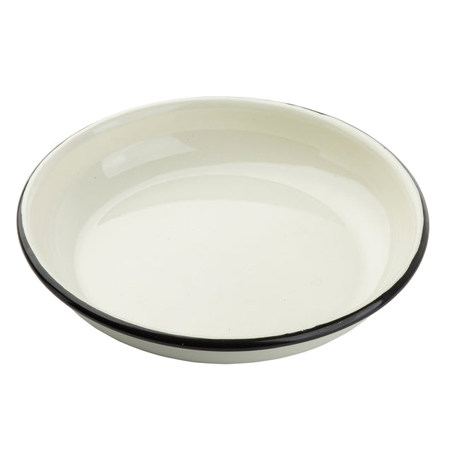 A shallow, round, white enamelware plate with a slightly raised rim and a thin black border along the edge, photographed on a plain white background. The glossy finish highlights this classic TableCraft Products design. The plate is empty.