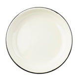 A top-down view of an empty, round, white TableCraft Products porcelain enamel plate with a thin black rim. The plate is centered on a plain white background and has a glossy finish that reflects some light.