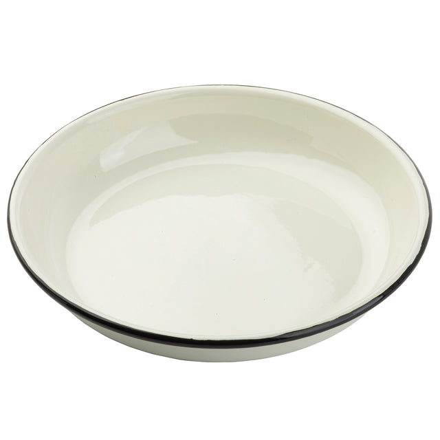A simple, round, white Enamelware Pasta Plate with slightly raised edges and a thin black rim, photographed on a plain white background. The plate appears empty and clean, showcasing the classic style of vitreous porcelain enamel.
