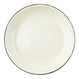 A round, empty white Enamelware Pasta Plate with a thin, dark rim. Photographed from above against a plain white background, the TableCraft 11155 plate features a smooth and glossy vitreous porcelain enamel surface.