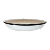 A shallow, round Enamelware Pasta Plate with a glossy white exterior, light brown interior, and thin black rim. Crafted from Vitreous Porcelain Enamel, this TableCraft 11155 bowl sits flat on a white background with a smooth, reflective surface.
