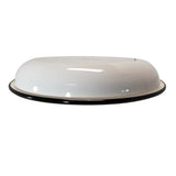 A white vitreous porcelain enamel bowl is shown upside down. The bowl has a shiny, smooth surface with a black rim, photographed from the side against a white background to highlight its curved, dome-like shape and reflective texture.