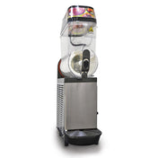 A front-facing Single Bowl Frushee Beverage Machine with a 3.7 gallon capacity, stainless steel base, large clear cylindrical tank, black dispensing handle, slush density controls, and fruit images on the top cover. Drip tray included at the bottom.