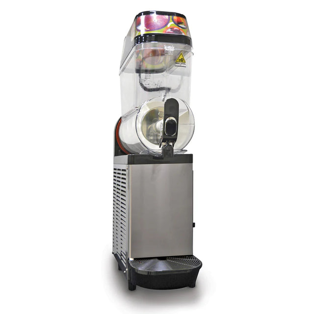 A front-facing Single Bowl Frushee Beverage Machine with a 3.7 gallon capacity, stainless steel base, large clear cylindrical tank, black dispensing handle, slush density controls, and fruit images on the top cover. Drip tray included at the bottom.
