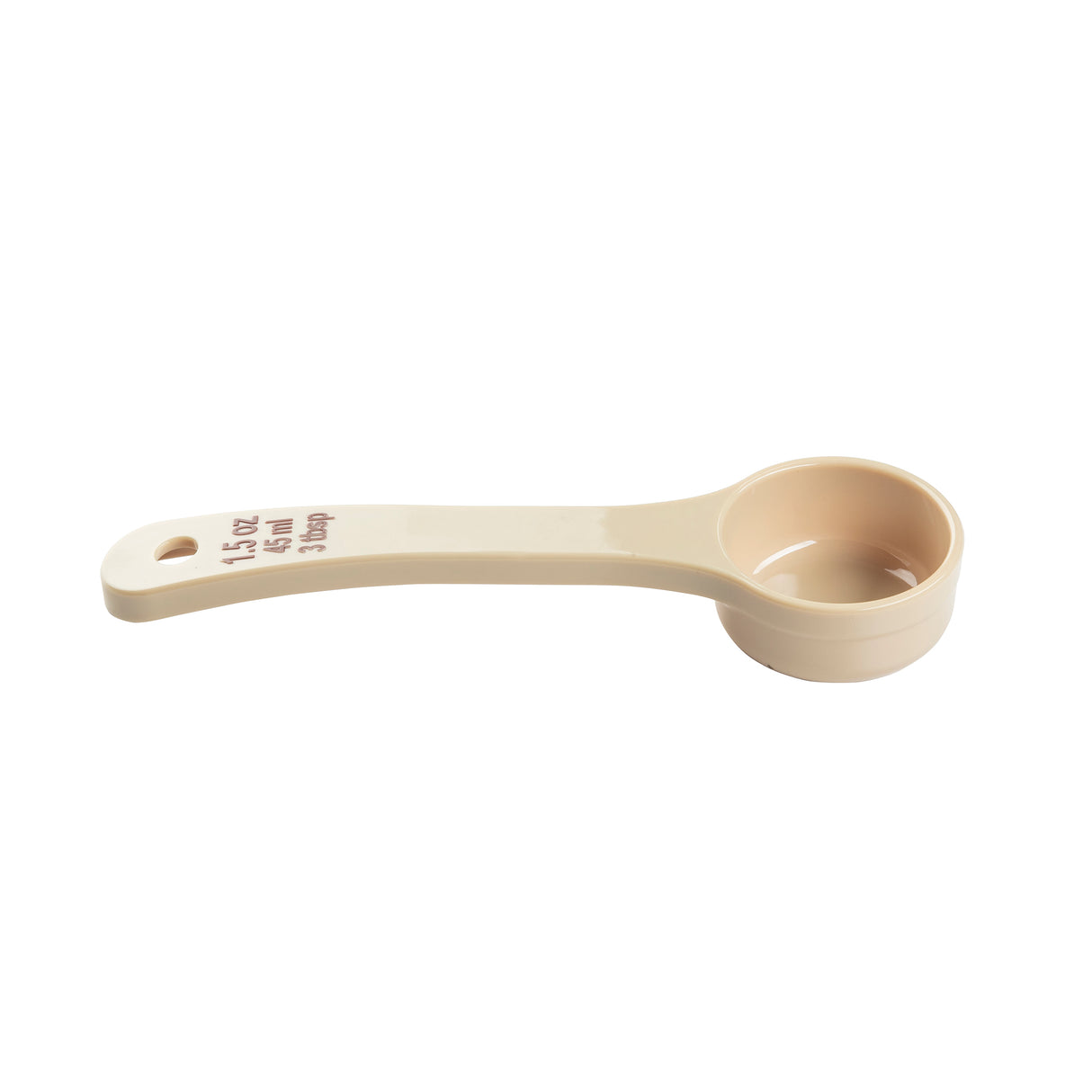 A beige polycarbonate measuring spoon with a flat handle, labeled 45 mL 3 Tbsp in red text. The round bowl and NSF certification make this Spoonout reliable for any kitchen. Handle features a hole for hanging. Background is plain white.