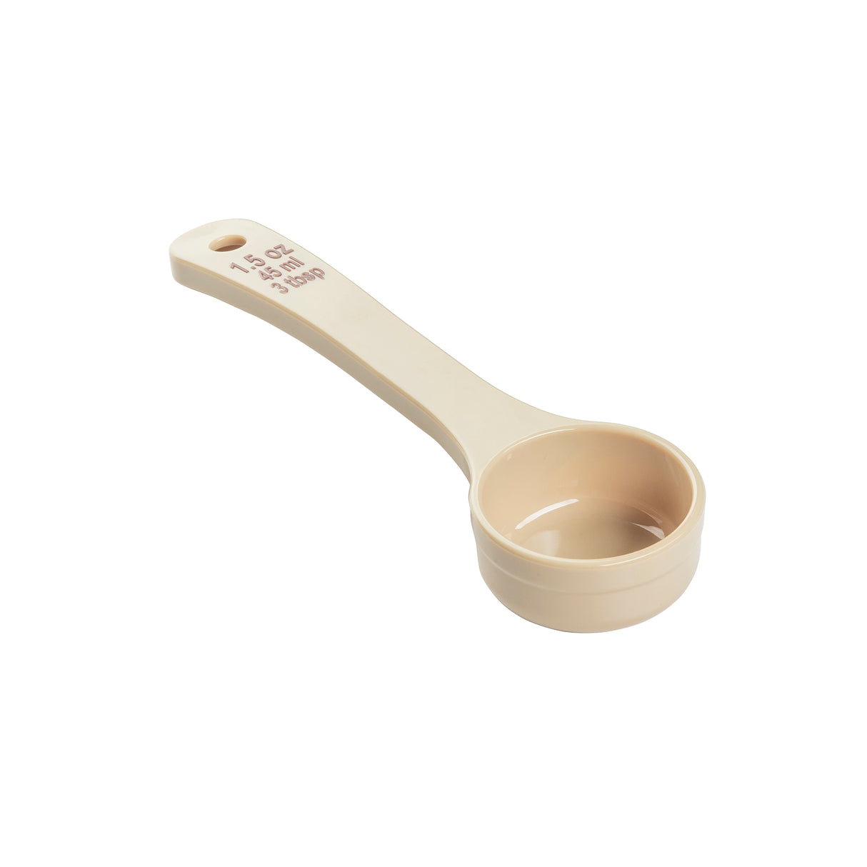 A beige polycarbonate measuring scoop with a flat handle, labeled “1.5 OZ,” “45 ml,” and “3 tbsp” in brown text. The scoop is placed on a white background, with a small hole at the end of the handle for hanging.