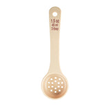 A beige polycarbonate spoon with a long handle. The bowl is perforated for draining, and red text on the handle reads: 1.5 oz, 45 ml, 3 tbsp. NSF listed, with a hanging hole at the end. The background is white.