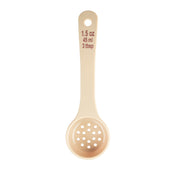 A beige polycarbonate spoon with a long handle. The bowl is perforated for draining, and red text on the handle reads: 1.5 oz, 45 ml, 3 tbsp. NSF listed, with a hanging hole at the end. The background is white.