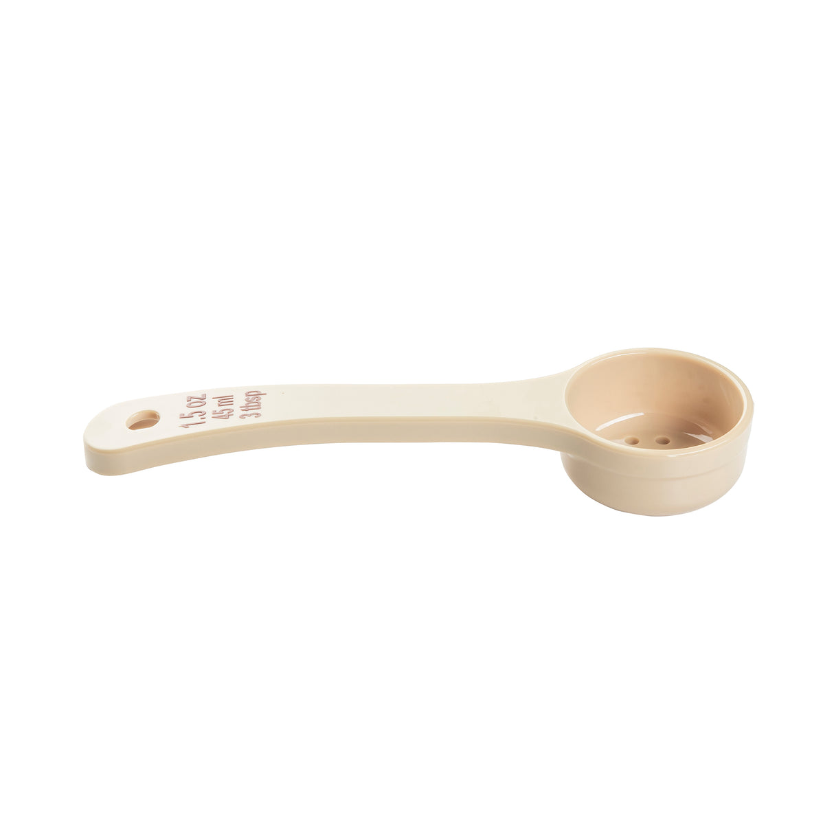 A beige polycarbonate spoon scoop with a round bowl and flat handle labeled with measurement info. A small hole at the end allows for hanging. The scoop is NSF certified and photographed on a white background.