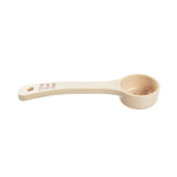 A beige polycarbonate spoon scoop with a round bowl and flat handle labeled with measurement info. A small hole at the end allows for hanging. The scoop is NSF certified and photographed on a white background.