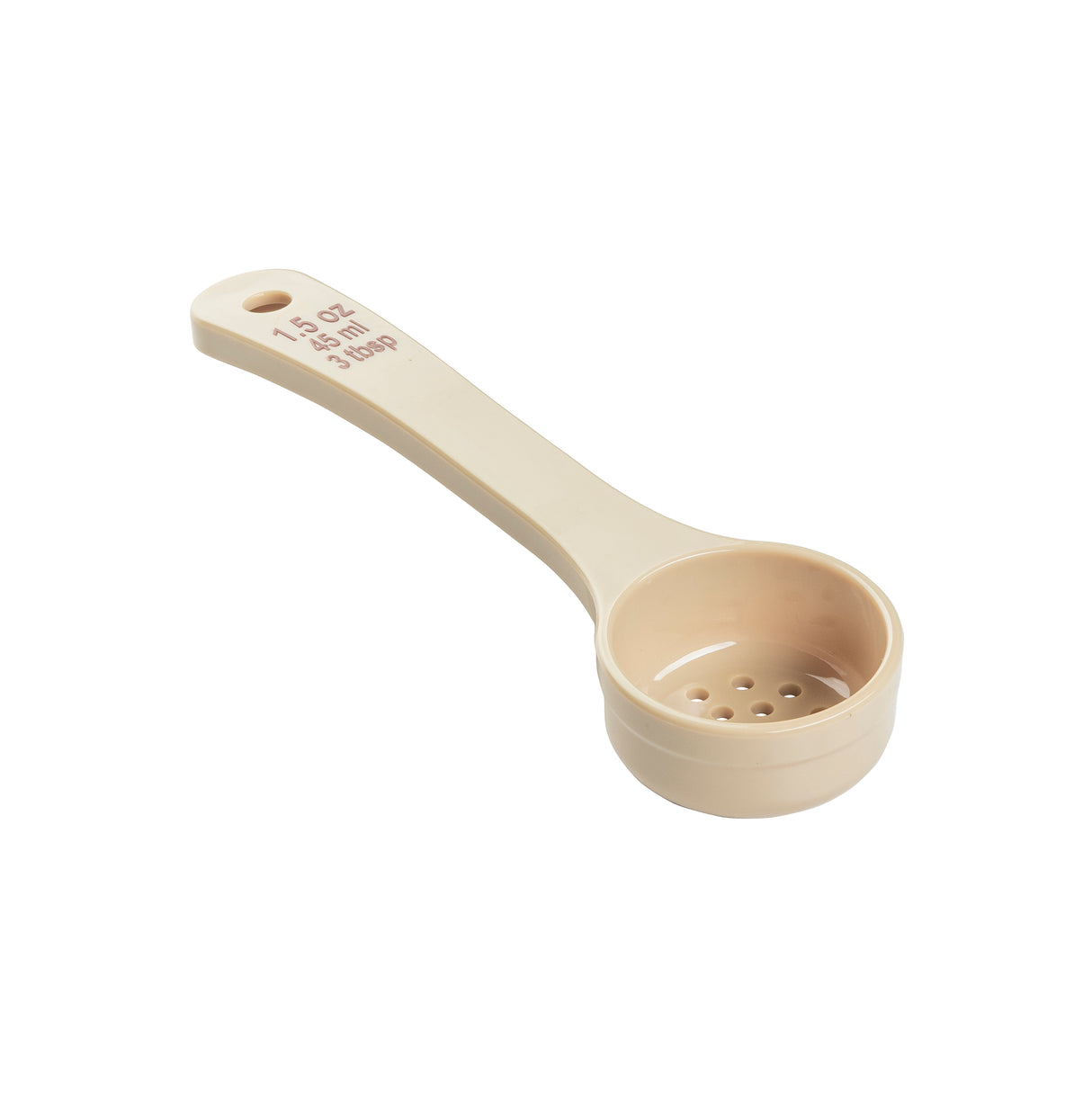 A beige polycarbonate spoonout with a slotted, perforated bottom and a long handle labeled “1.5 oz, 45 ml, 3 tbsp.” This NSF-certified scoop is photographed on a plain white background.