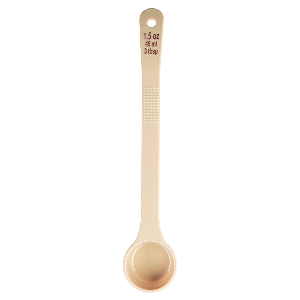 A beige polycarbonate measuring spoon with a long handle is shown on a white background. The handle has a textured grip and is labeled with measurements: “1.5 oz, 45 ml, 3 tbsp” in brown text. The Spoonout bowl is rounded at the end.