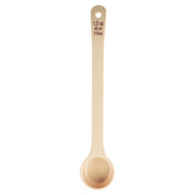 A beige polycarbonate measuring spoon with a long handle is shown on a white background. The handle has a textured grip and is labeled with measurements: “1.5 oz, 45 ml, 3 tbsp” in brown text. The Spoonout bowl is rounded at the end.