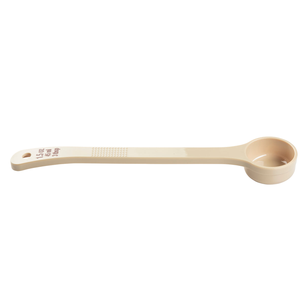 A beige polycarbonate measuring spoon with a long handle, a small round scoop marked “1.5 Tbsp,” textured grip marks, and a hole at the end for easy hanging—ideal for precise measuring with Spoonout convenience.