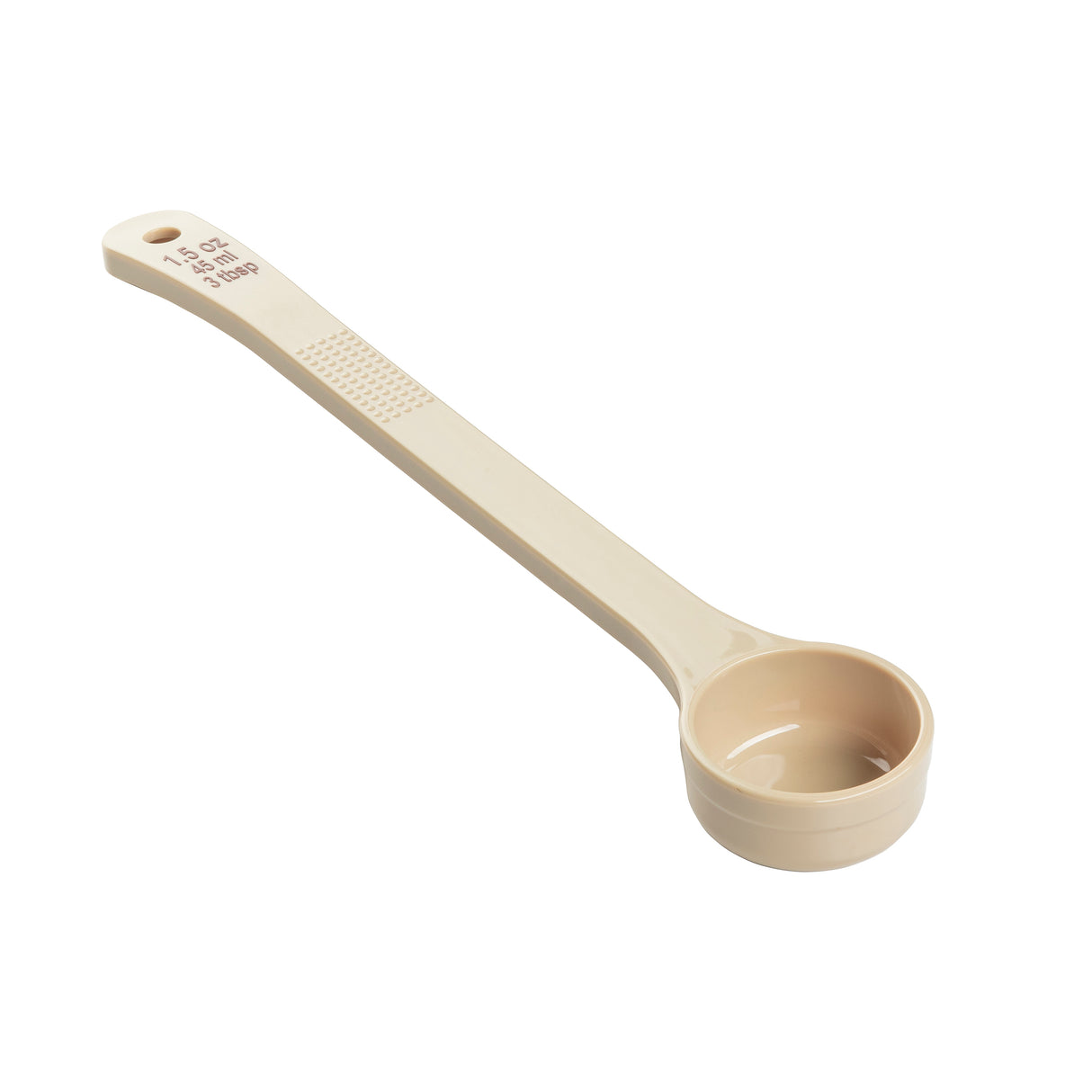 A beige Spoonout polycarbonate measuring spoon with a long handle and round bowl, marked “1.5 TBSP” and “22 ml.” The handle features a textured grip and hanging hole. Photographed on a white background.