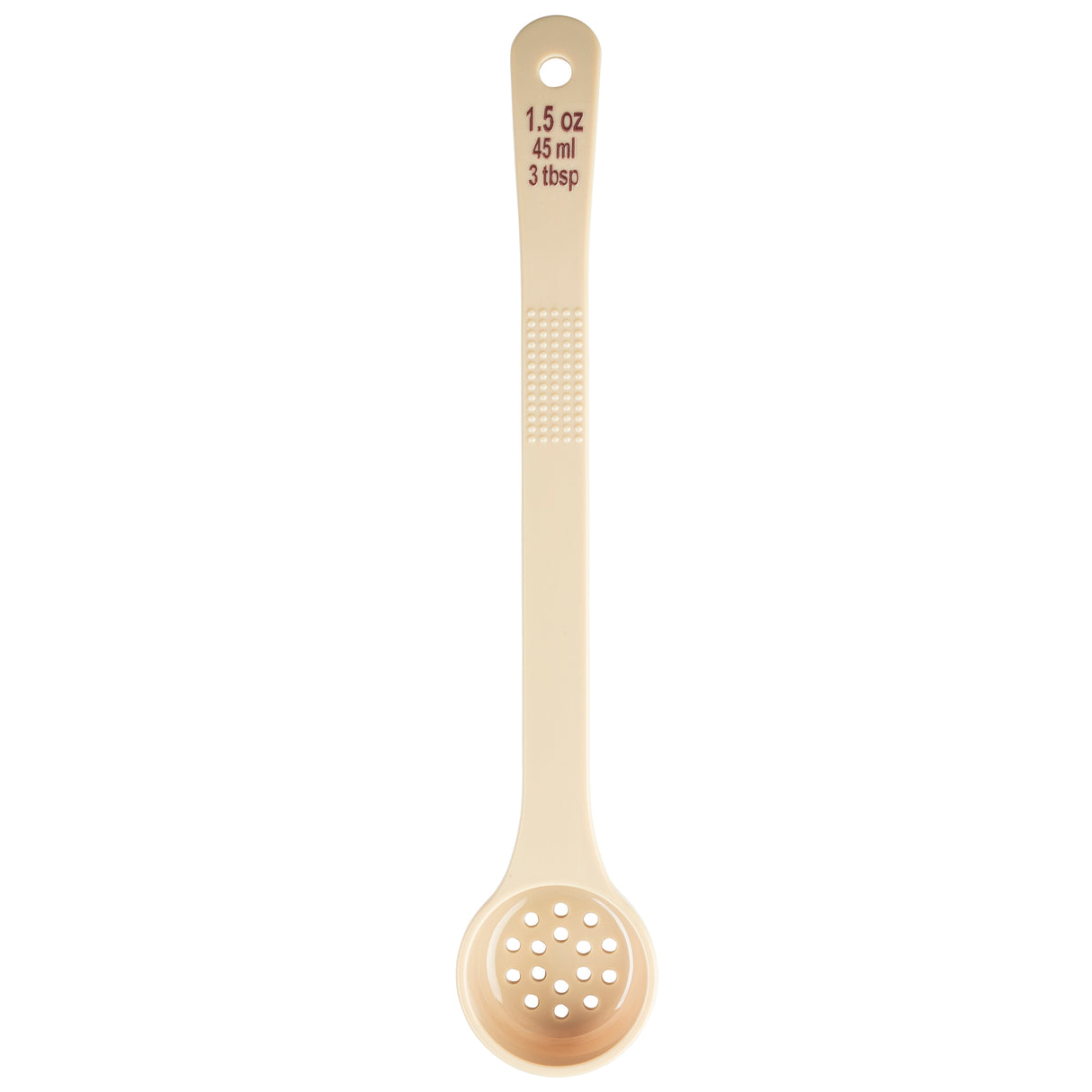 A beige polycarbonate kitchen measuring spoon with a long handle. The round, perforated spoon end has small holes, and the handle is marked with 1.5 oz, 45 ml, 3 tbsp in brown text and features a textured grip area.