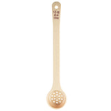 A beige polycarbonate kitchen measuring spoon with a long handle. The round, perforated spoon end has small holes, and the handle is marked with 1.5 oz, 45 ml, 3 tbsp in brown text and features a textured grip area.