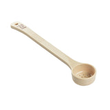 A beige polycarbonate Spoonout with a long handle and a round, shallow, perforated scoop. Measurement markings 1.5 GTE and 1 TBSP are visible on the handle near a textured grip.
