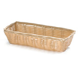 A rectangular, shallow hand-woven basket with a natural light tan color. Made from durable polypropylene, it features an open top, woven sides, and a flat base. The basket is empty and set against a plain white background.