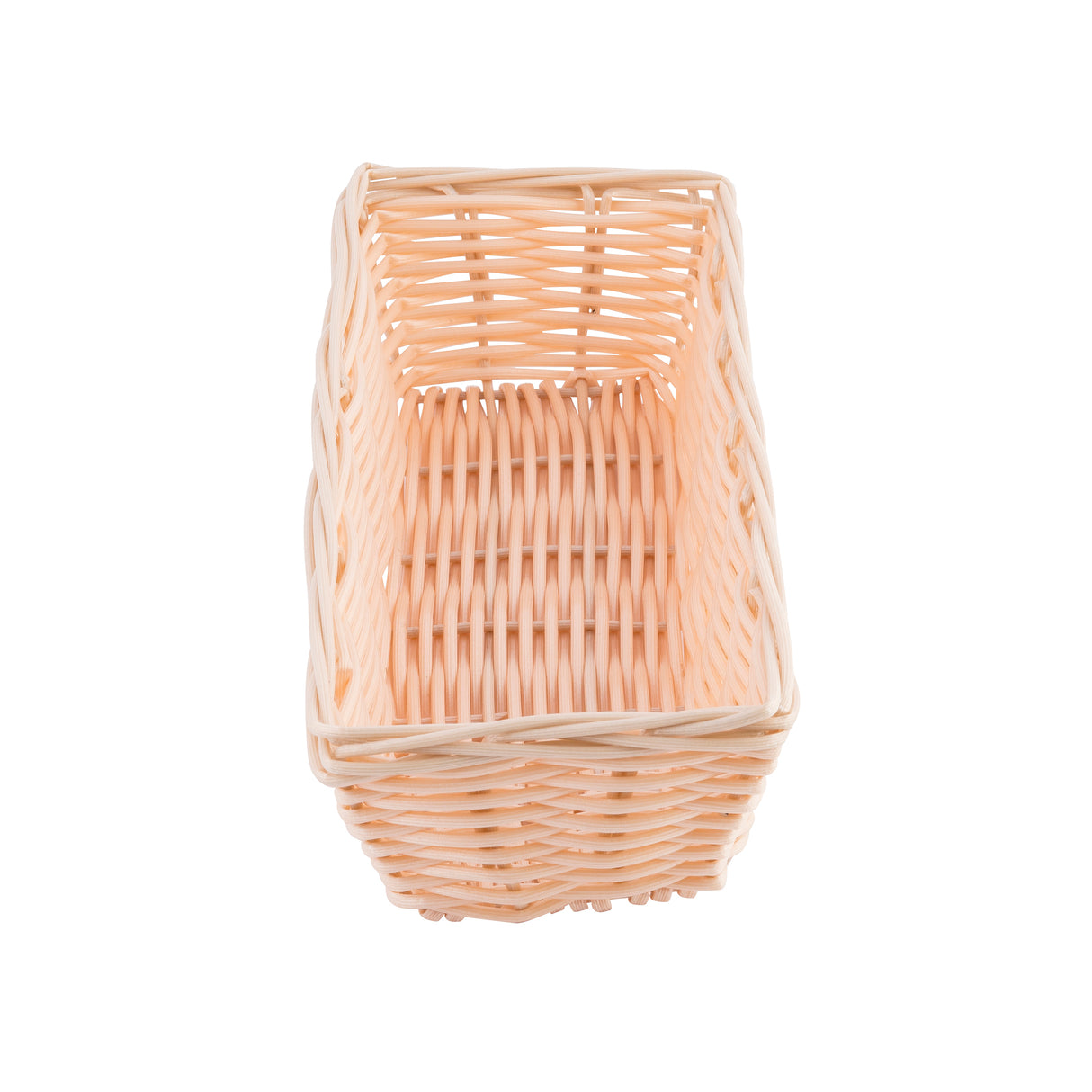 A rectangular, light beige hand-woven basket is shown from above on a white background. The basket has an open top, woven sides, and a flat base, with its weaving pattern clearly visible. The interior is empty.