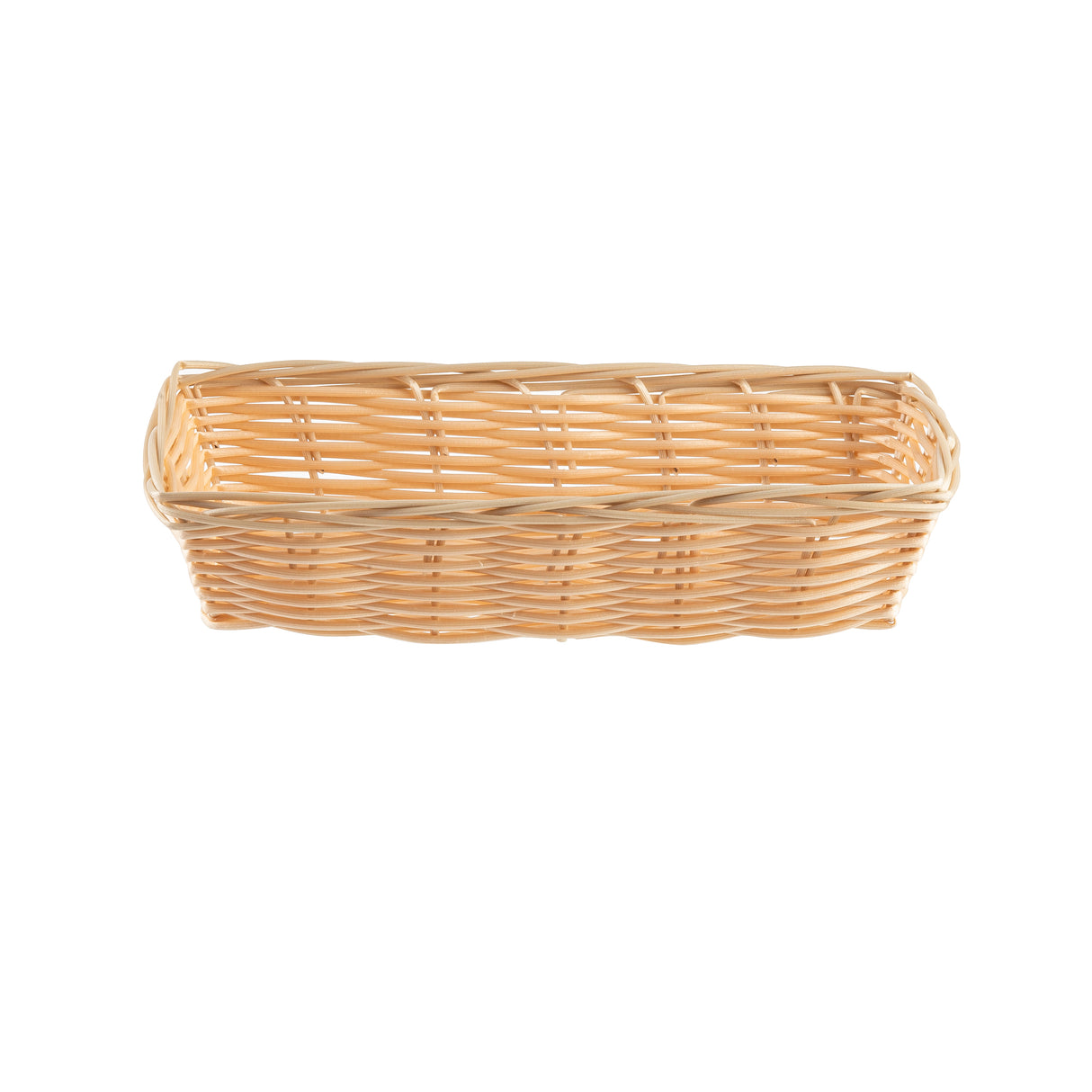 A rectangular hand-woven basket with a light tan color and open weave pattern, this TableCraft 1116W polypropylene basket features slightly curved sides and a smoothly finished rim, set empty against a plain white background.