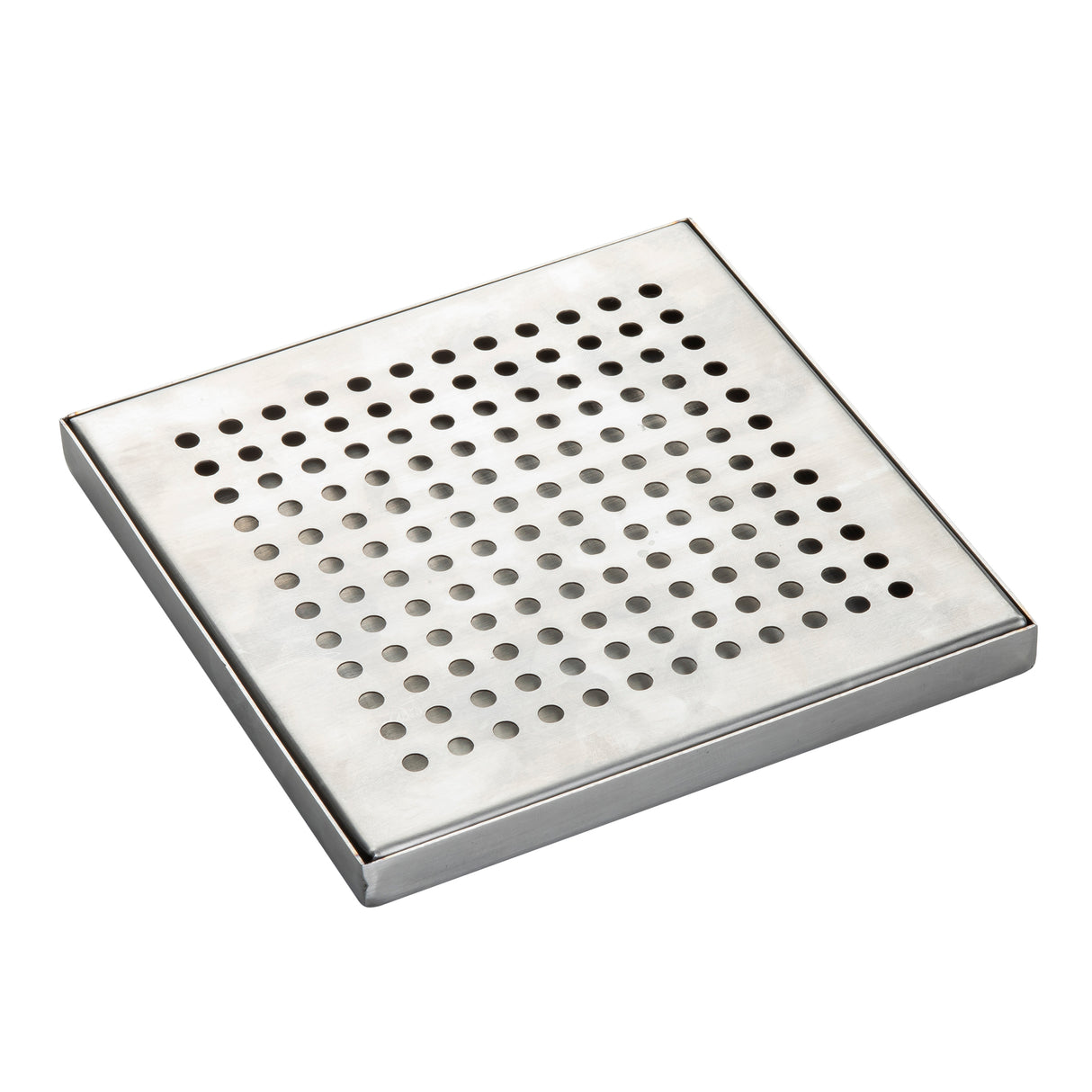 A square TableCraft stainless steel drip tray with evenly spaced circular holes arranged in a grid pattern. The plate is slightly raised, has a smooth, reflective surface, and is photographed against a plain white background.