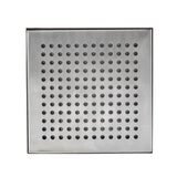 A square stainless steel drain cover, ideal for use as a drip tray, features evenly spaced round holes in a grid pattern. Its smooth, reflective surface is framed by a defined border, set against a plain white background.