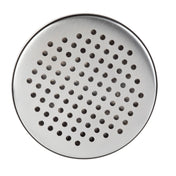 A round, brushed stainless steel disc with evenly spaced circular holes in concentric rings, photographed from above on a white background. This clean, metallic piece resembles a drip tray or speaker grill, similar to those from TableCraft.