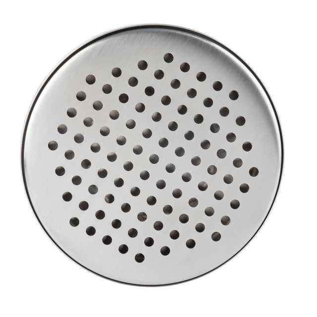 A round, brushed stainless steel disc with evenly spaced circular holes in concentric rings, photographed from above on a white background. This clean, metallic piece resembles a drip tray or speaker grill, similar to those from TableCraft.