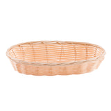 A shallow, oval-shaped hand-woven Basket with an open weave pattern and a smooth, light tan finish. The slightly flared rim highlights its expertly woven texture, made from durable polypropylene for lasting beauty and use.