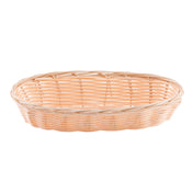 A shallow, oval-shaped hand-woven Basket with an open weave pattern and a smooth, light tan finish. The slightly flared rim highlights its expertly woven texture, made from durable polypropylene for lasting beauty and use.