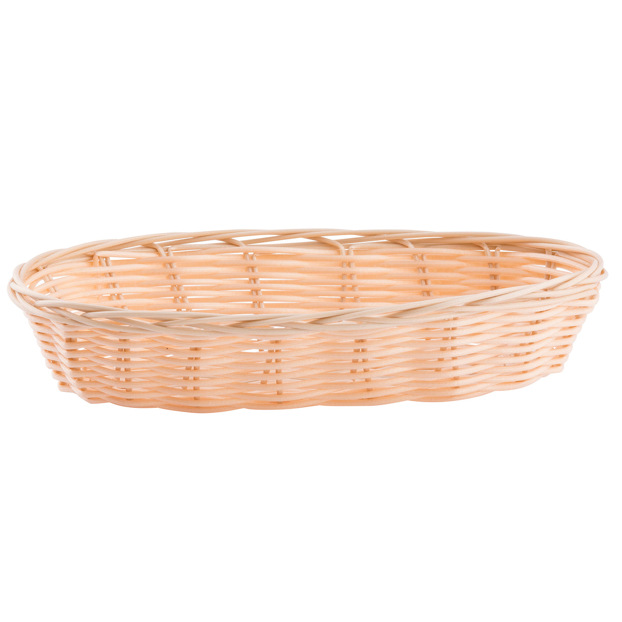 A shallow, oval-shaped hand-woven wicker basket with a light natural wood color. Featuring an open-weave pattern and slightly raised rim, this basket creates a simple, rustic look against a completely white background.