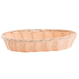A shallow, oval-shaped hand-woven wicker basket with a light natural wood color. Featuring an open-weave pattern and slightly raised rim, this basket creates a simple, rustic look against a completely white background.