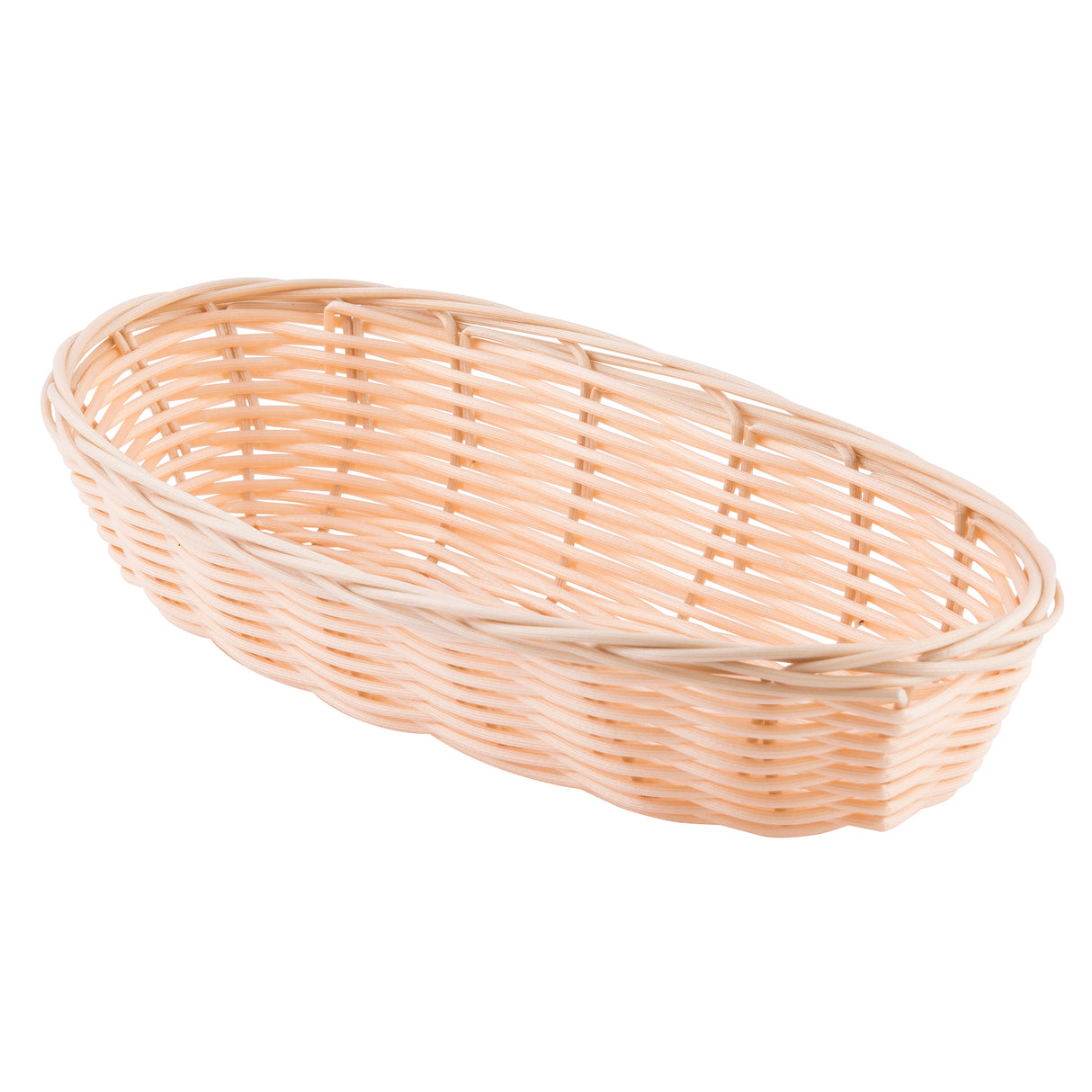 A light beige, oval-shaped hand-woven basket with a simple, open-weave pattern. The basket is empty, and its smooth, natural finish highlights the interlaced strands set against a plain white background.