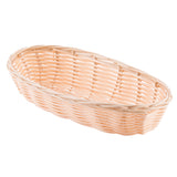 A light beige, oval-shaped hand-woven basket with a simple, open-weave pattern. The basket is empty, and its smooth, natural finish highlights the interlaced strands set against a plain white background.