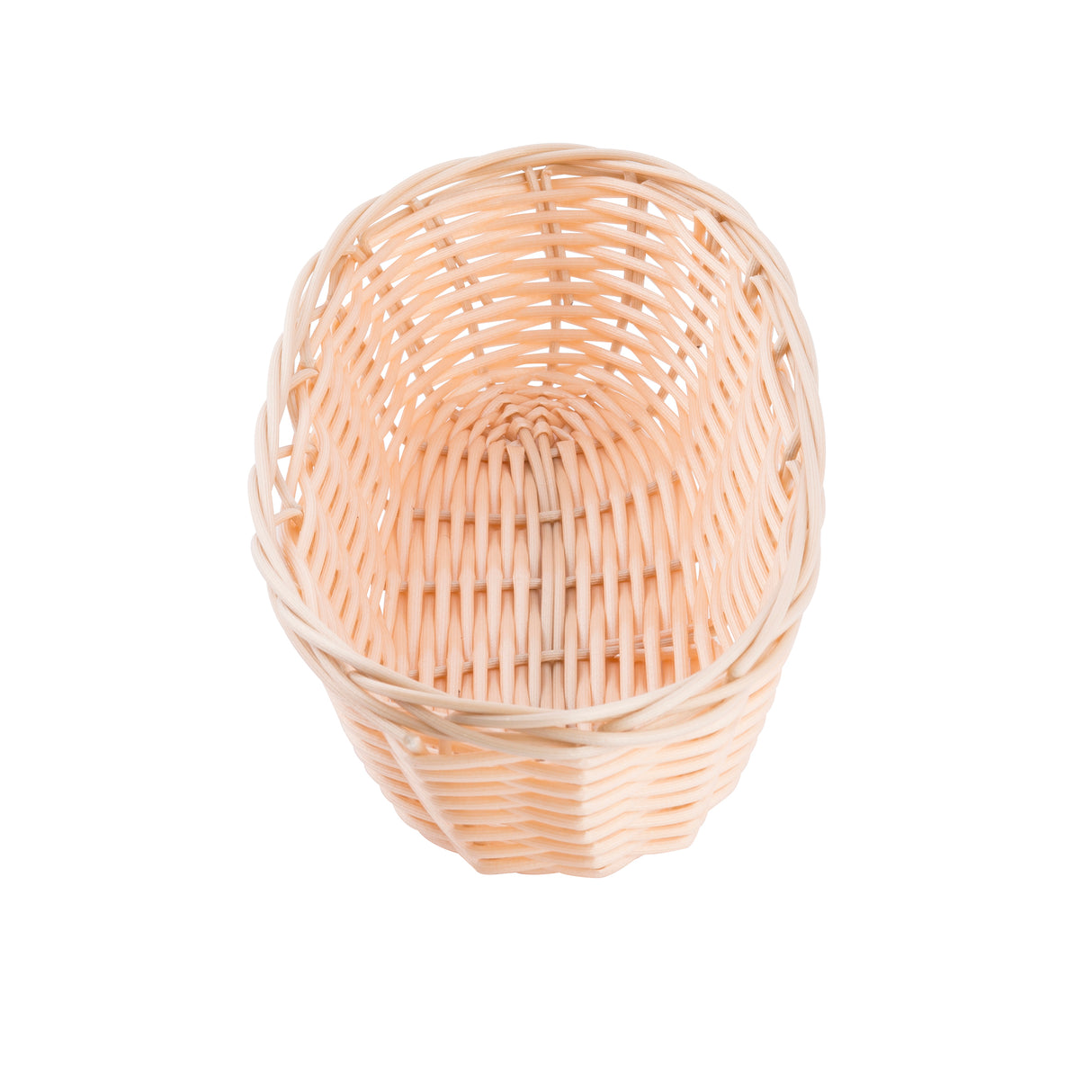 An empty, light-colored hand-woven wicker Basket is shown from above on a white background. The basket has an oval shape with a tightly woven base and slightly flared sides.