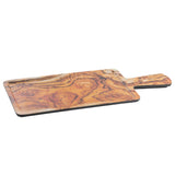 A rectangular olive wood serving paddle with rounded edges and an extended handle. The smooth surface showcases warm, swirling brown and tan tones in the natural grain. The board rests on a white background.