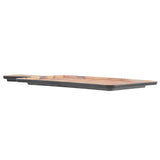 A rectangular olive wood serving paddle with a natural finish and dark edges, featuring a long handle on one end. The tray rests flat, viewed from a low side angle against a white background.