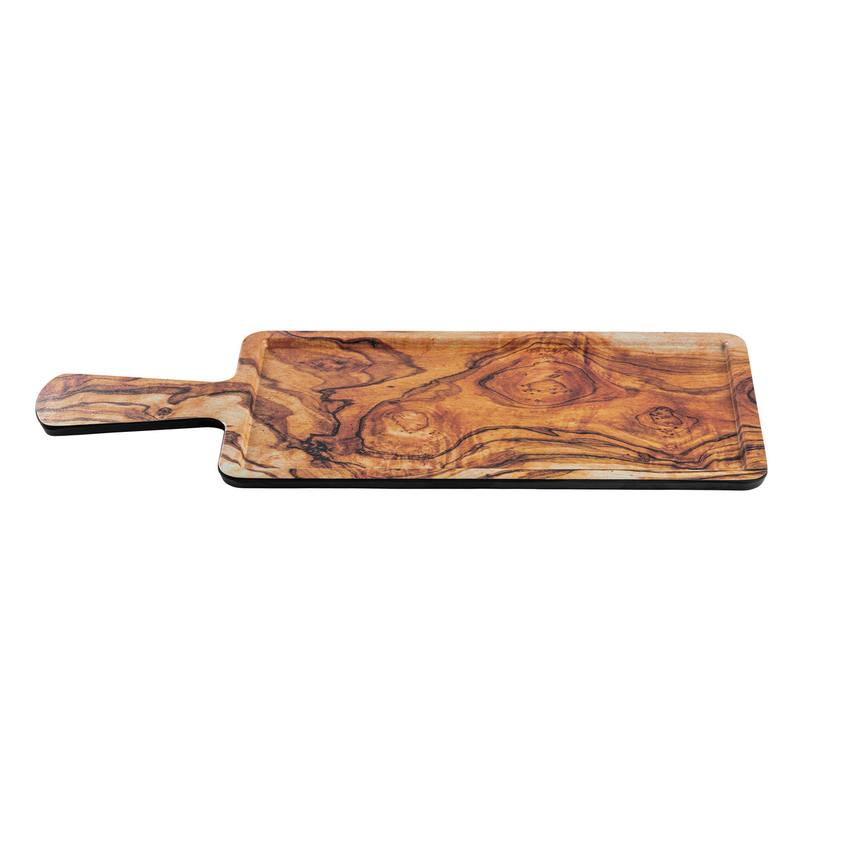 A rectangular wooden serving paddle with a handle, featuring swirling, natural wood grain patterns in shades of brown. The smooth surface and olive wood decal detail make it ideal for stylish kitchen use, isolated on a white background.