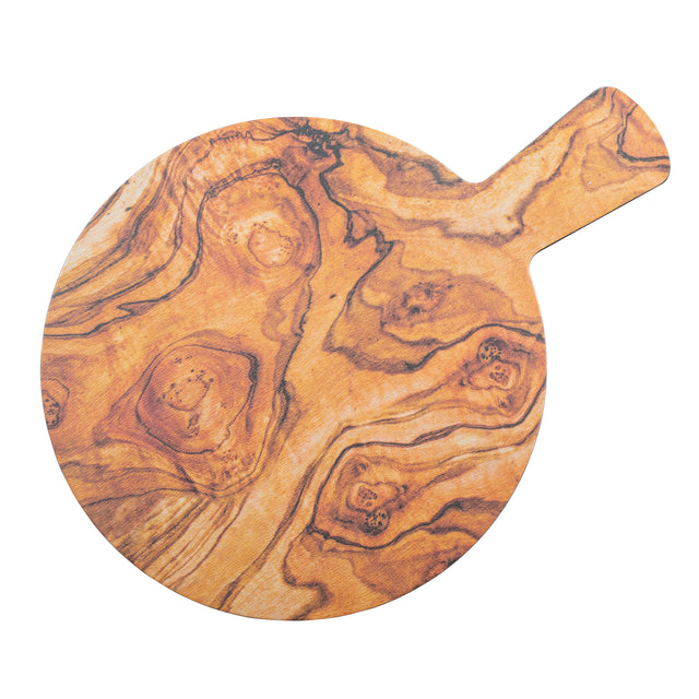 A round wooden serving paddle with a short handle, featuring a smooth surface and distinct, swirling wood grain patterns in shades of brown and tan. The board appears polished and has a natural, rustic look.