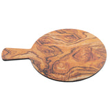 A round wooden serving paddle with a short, wide handle. The surface displays swirling brown and tan wood grain patterns, giving it a natural and rustic look. The plain white background highlights the wood's unique textures.