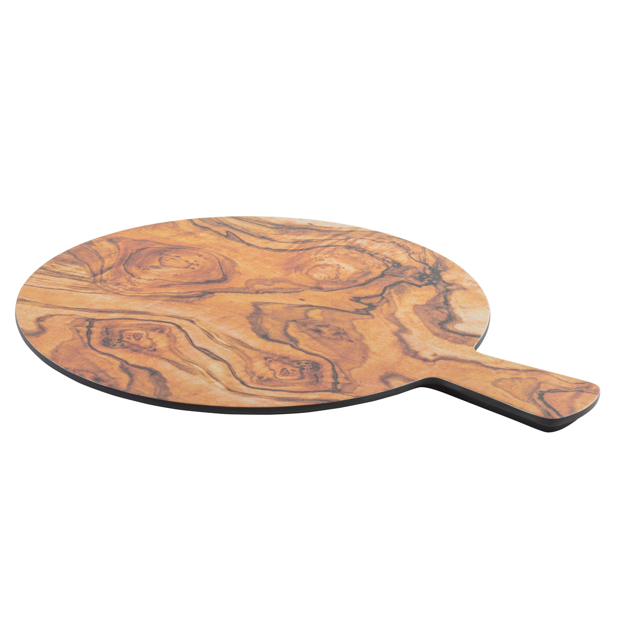 A round wooden serving paddle with a short handle, featuring a natural wood grain pattern in shades of brown and tan, is shown on a white background. The board lies flat, with the handle extending to the right.