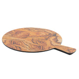 A round wooden serving paddle with a short handle, featuring a natural wood grain pattern in shades of brown and tan, is shown on a white background. The board lies flat, with the handle extending to the right.