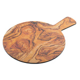 A round wooden serving paddle with a handle, featuring a natural wood grain pattern in shades of brown and tan, with swirling and knot details visible across the surface. The board is photographed on a white background.