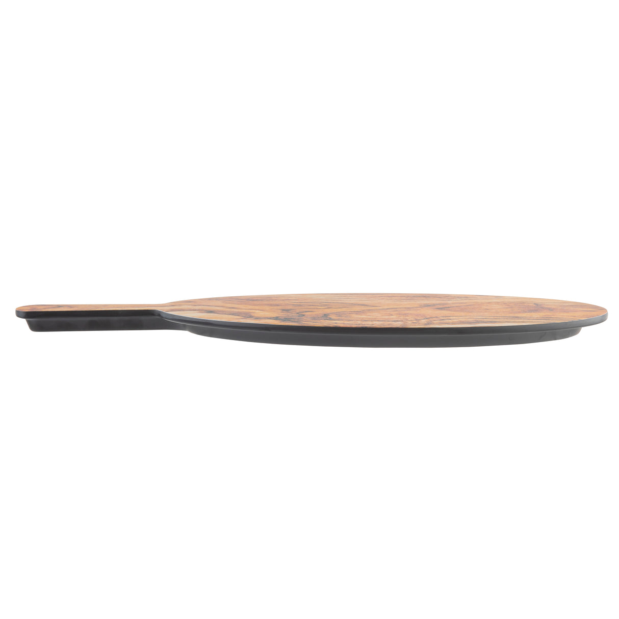 A flat, round olive wood serving paddle with a short handle is shown from the side against a white background. Its rich wood grain top contrasts beautifully with the darker edges and handle.