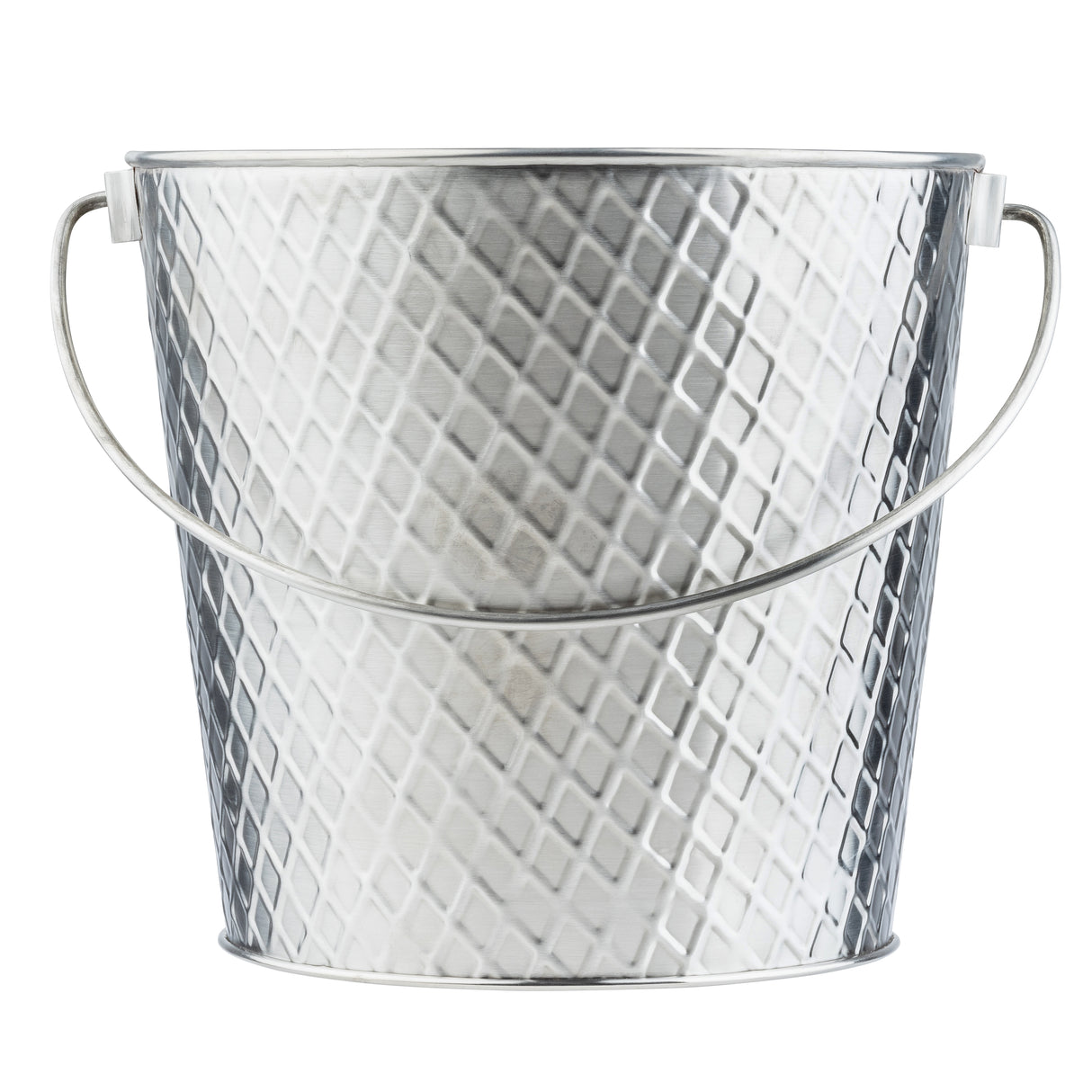 A shiny stainless steel pail from the TableCraft Lattice Collection, featuring a diamond-patterned texture and a curved metal handle. The bucket's reflective silver surface is shown on a white background and appears empty.