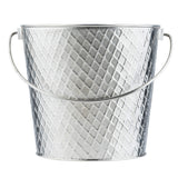 A shiny stainless steel pail from the TableCraft Lattice Collection, featuring a diamond-patterned texture and a curved metal handle. The bucket's reflective silver surface is shown on a white background and appears empty.