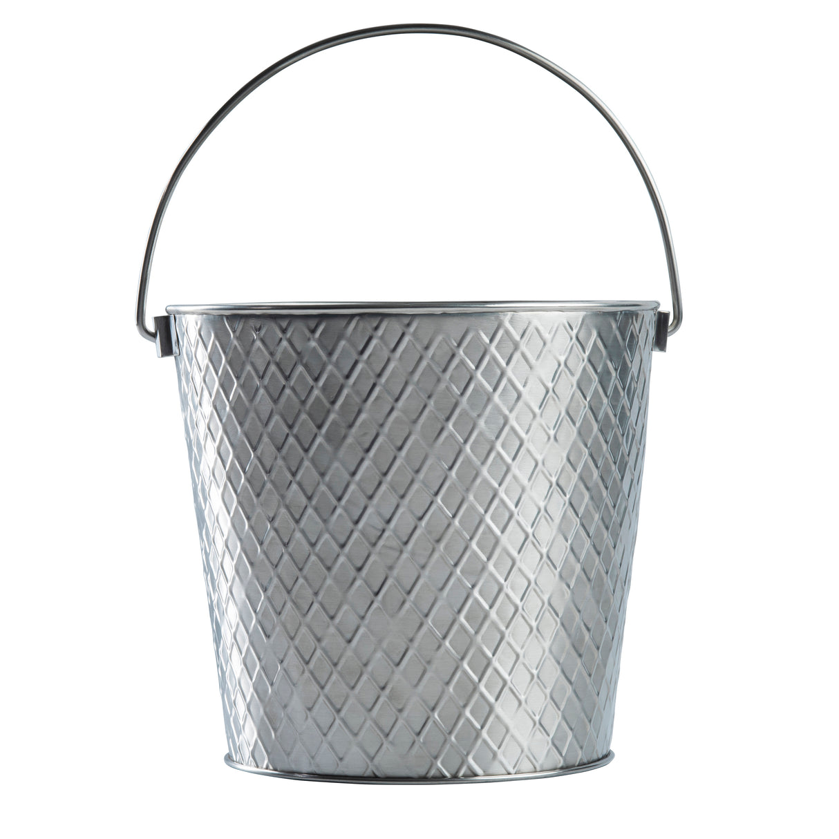 A shiny, silver TableCraft stainless steel pail with a diamond-patterned texture and thin curved handle, photographed against a white background. The empty Lattice Collection Pail stands upright, handle raised.