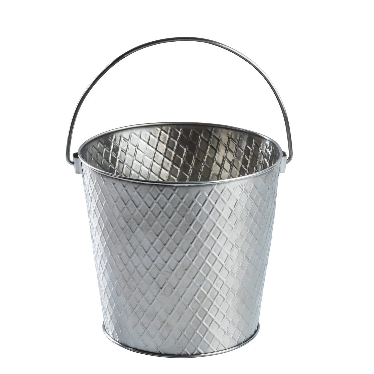 A silver Lattice Collection Pail from TableCraft Products, featuring a raised diamond pattern, smooth rim, and curved handles on each side. This stainless steel pail is empty and stands against a white background.