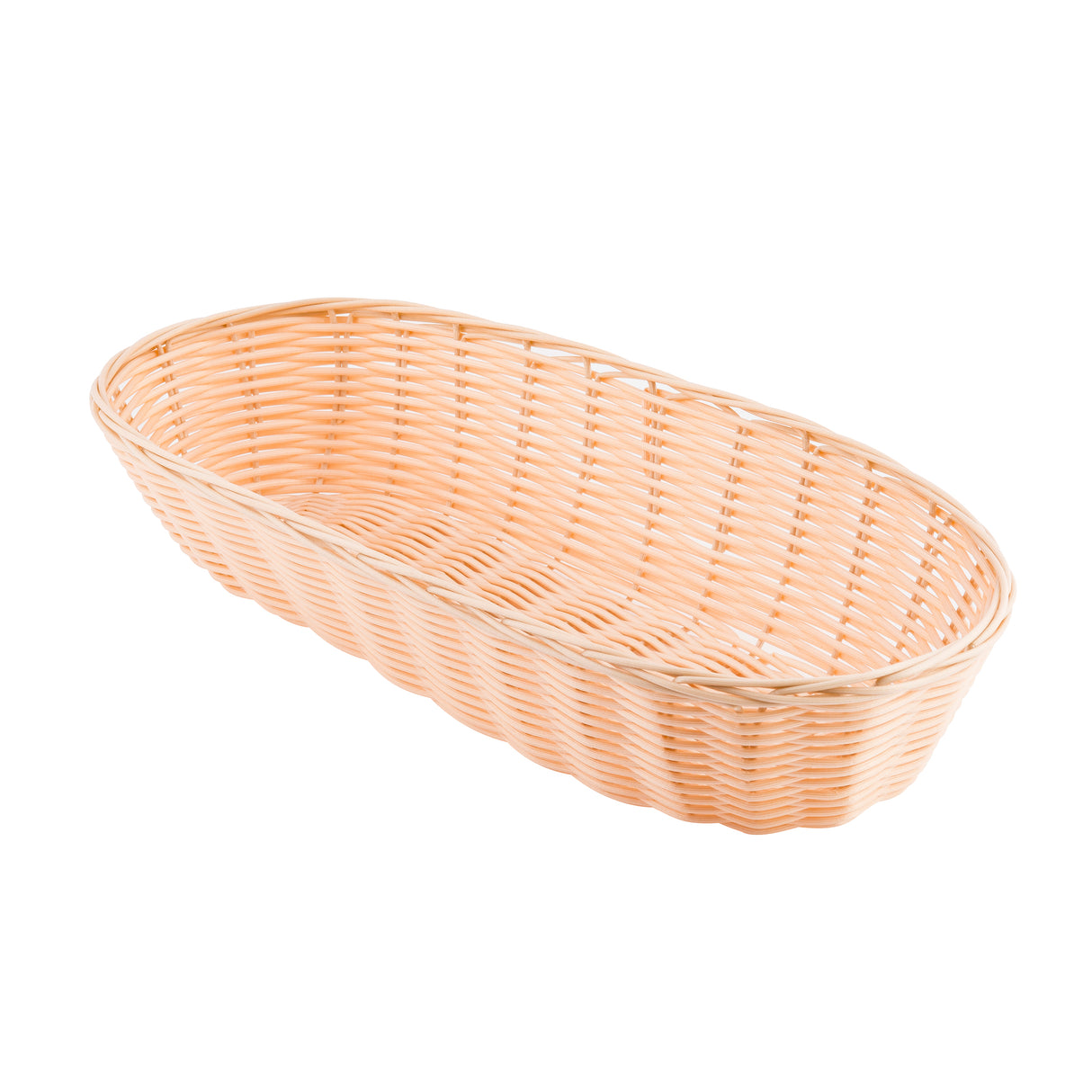 A light brown, oval-shaped hand-woven basket is empty and photographed against a white background. The basket features a woven pattern and gently curved sides, giving this polypropylene basket a shallow, elongated appearance.